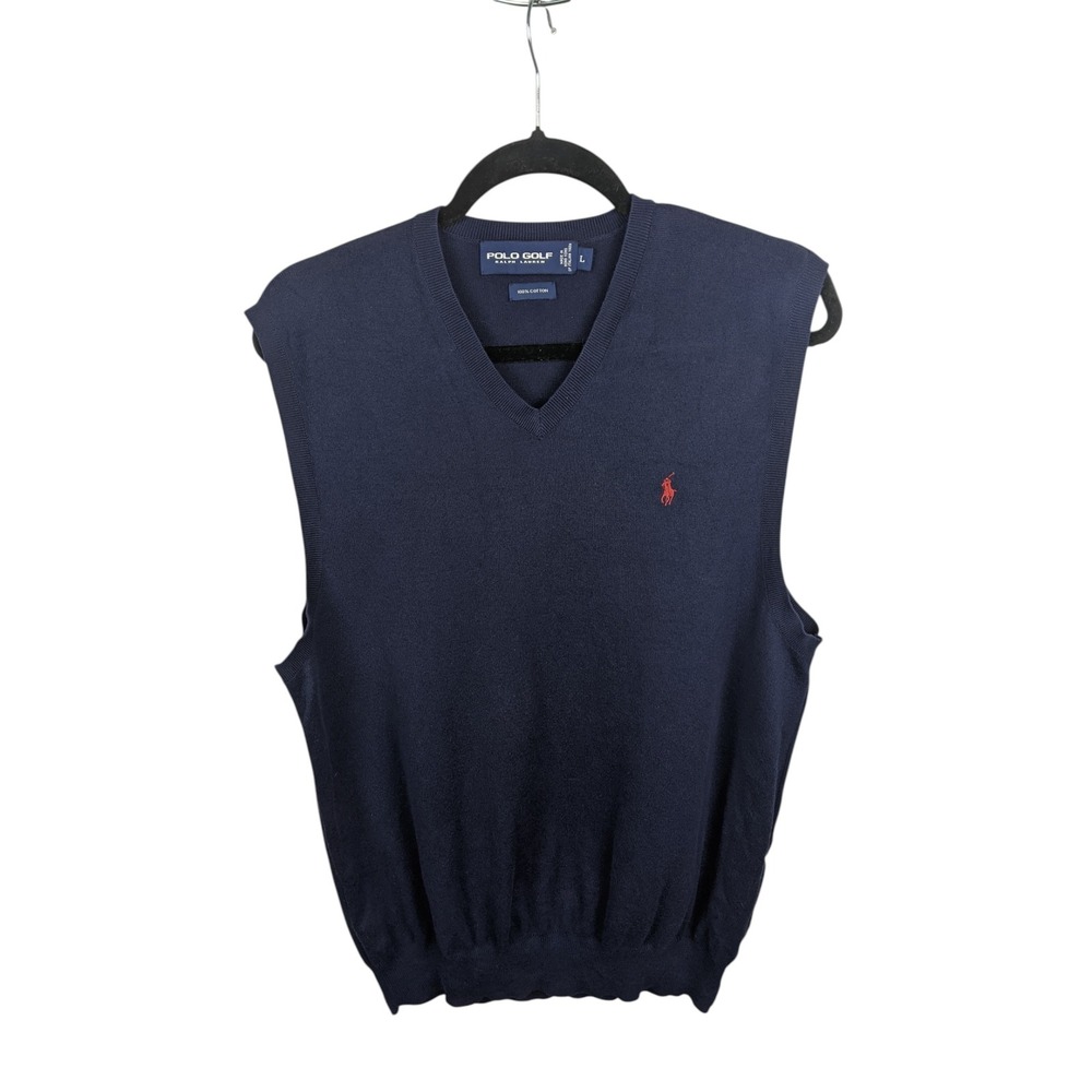 Polo Golf Ralph Lauren Mens Navy Blue Cotton V-Neck Sweater Vest Large Red Pony